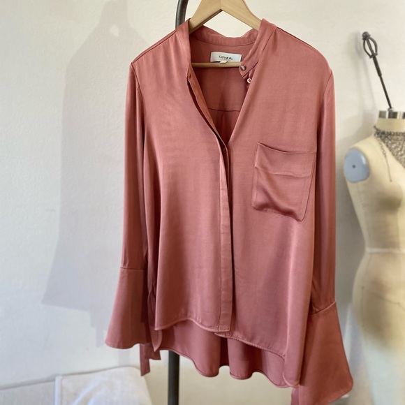 LOVER THE LABEL | Bell Tie Sleeve Button Down Satin Blouse - Picture 5 of 9